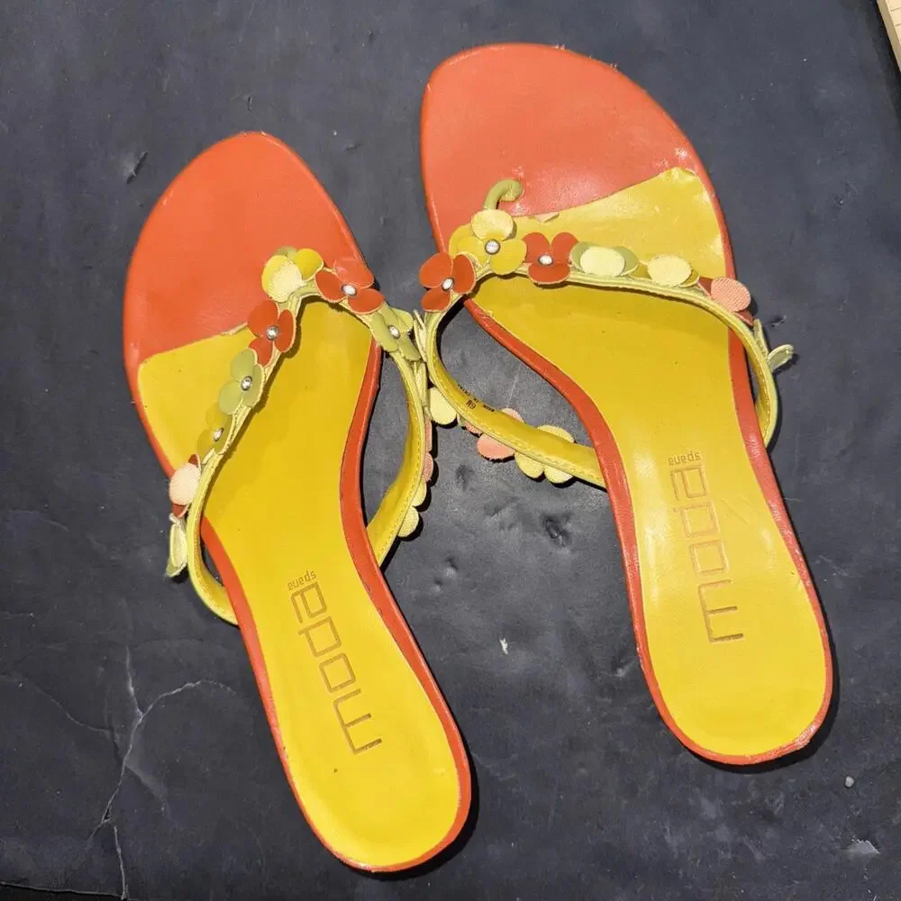 Moda Spana Orange Yellow Kitten Heel Flip Flop Floral Preppy Vintage Y2K Sz 6 - Picture 4 of 15